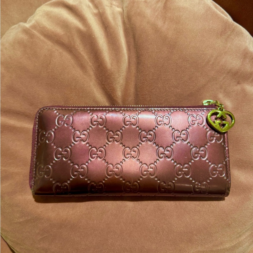 Gucci Metallic Pink Wallet with Heart Charm
